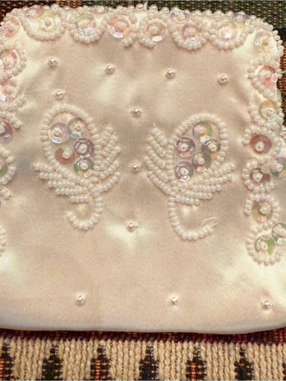 Vintage Coin Purse White Satin with Beads and Sequins Wedding Formal